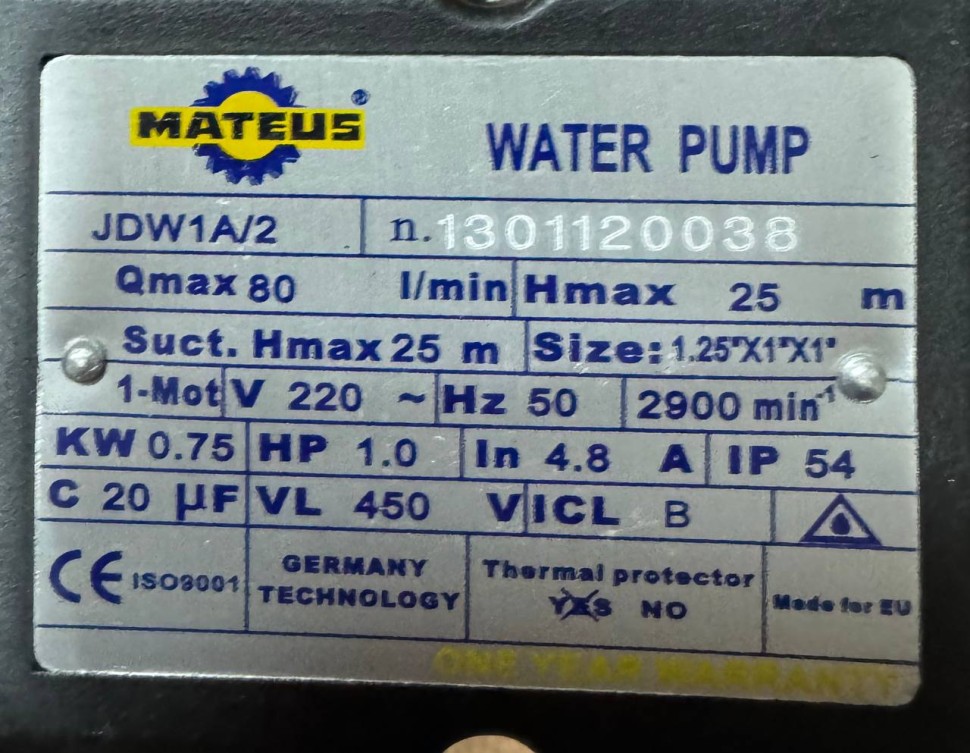 Насос самовсасывающий Mateus JDW1A/2